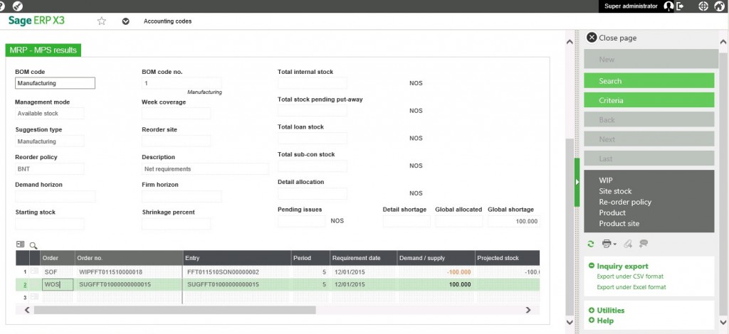 MRP-MPS results in Sage X3