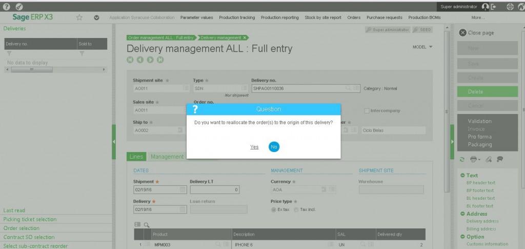 System asks user whether to reallocate orders to origin of the delivery