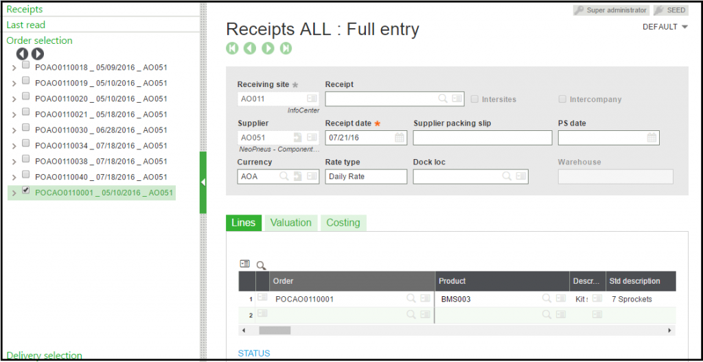 Receipts all Entry in Sage X3