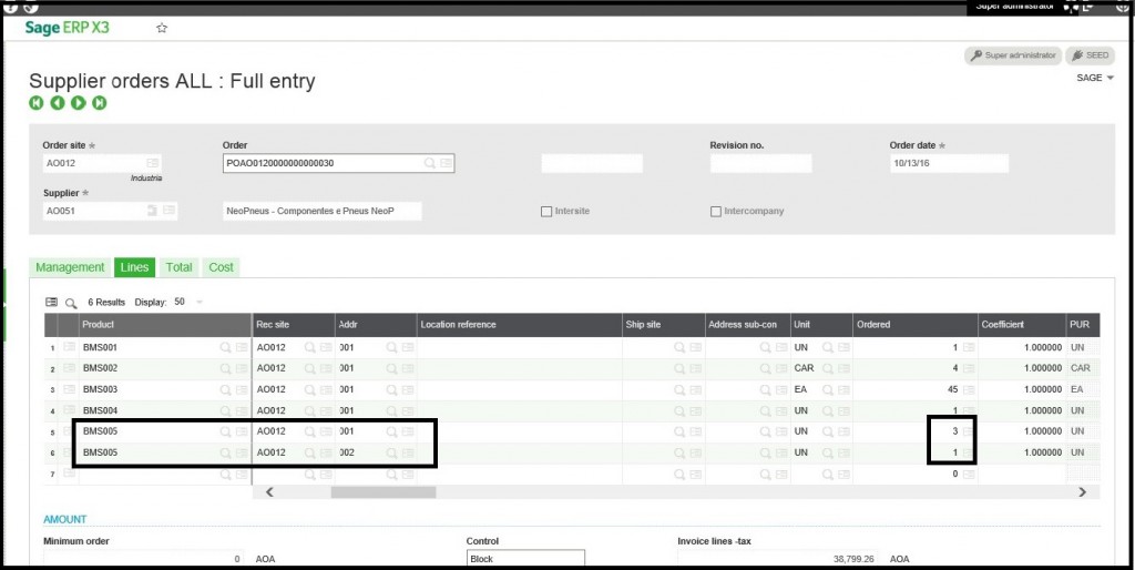 Order line in sage erp