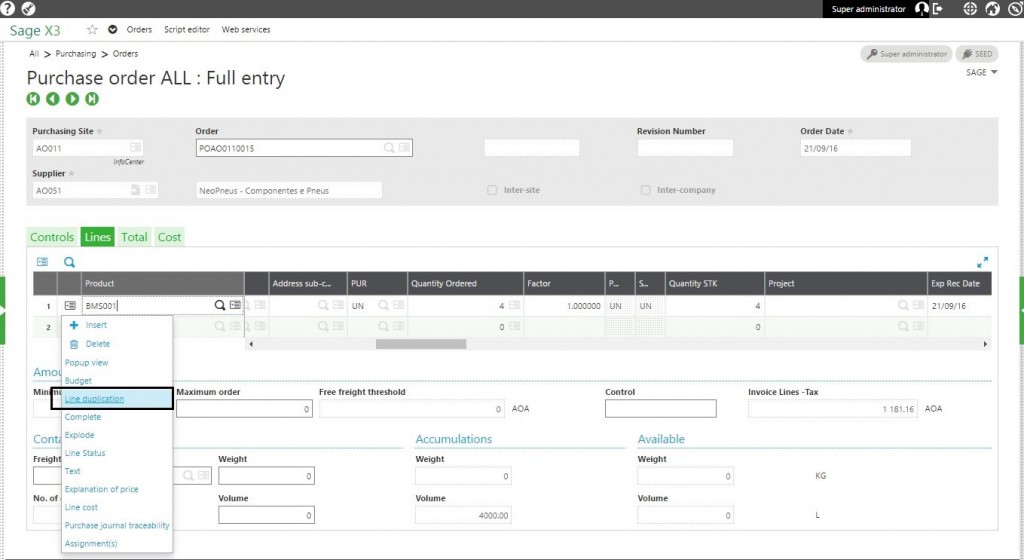 Sage X3 Line Duplication Functionality