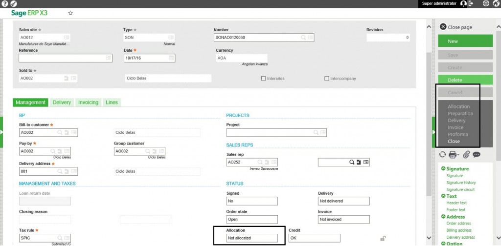 Allocation on Unsigned Order in sage X3