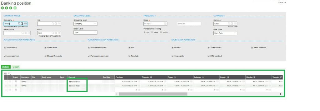 Sage X3 Banking Position Inquiry results