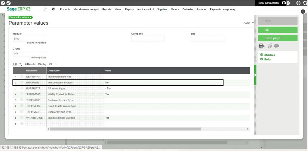 Supplier Intercompany Invoice parameter value