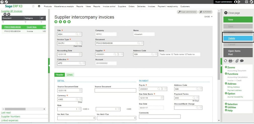 Supplier Intercompany Invoices