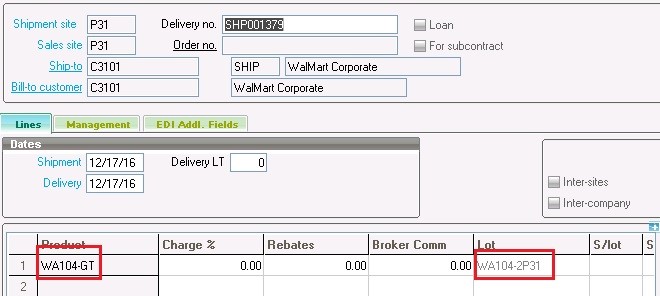 lot no Shipment screen