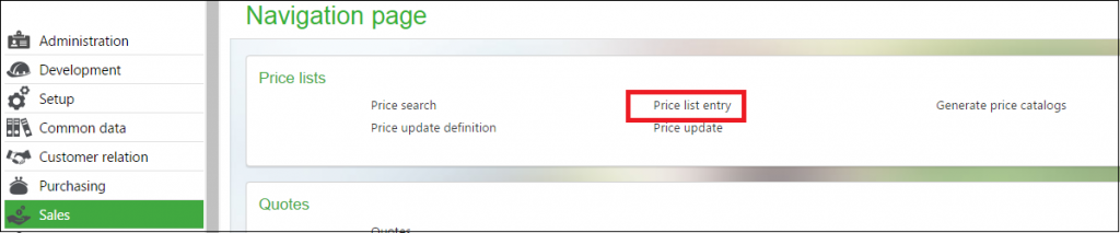 pricelist setup navigation