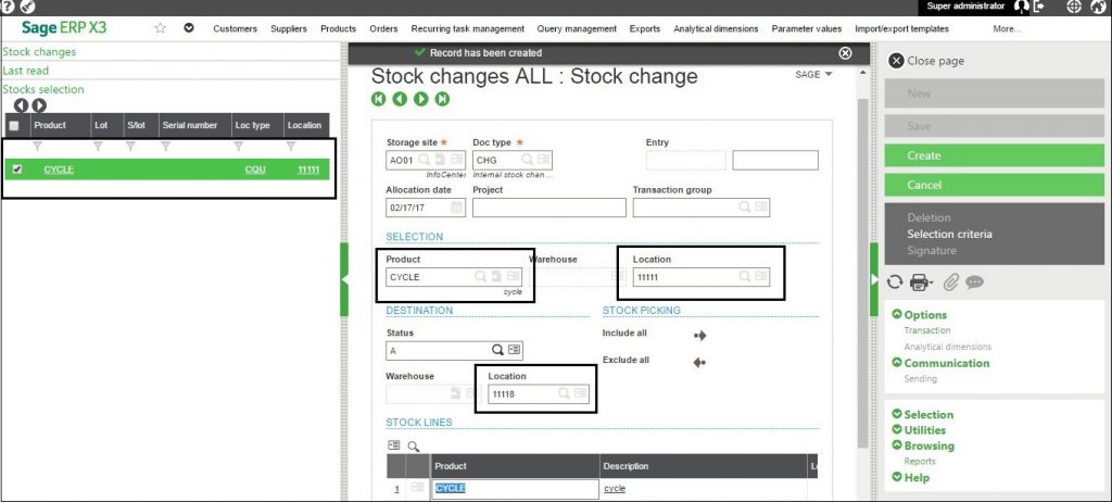 Stock Change in Sage X3