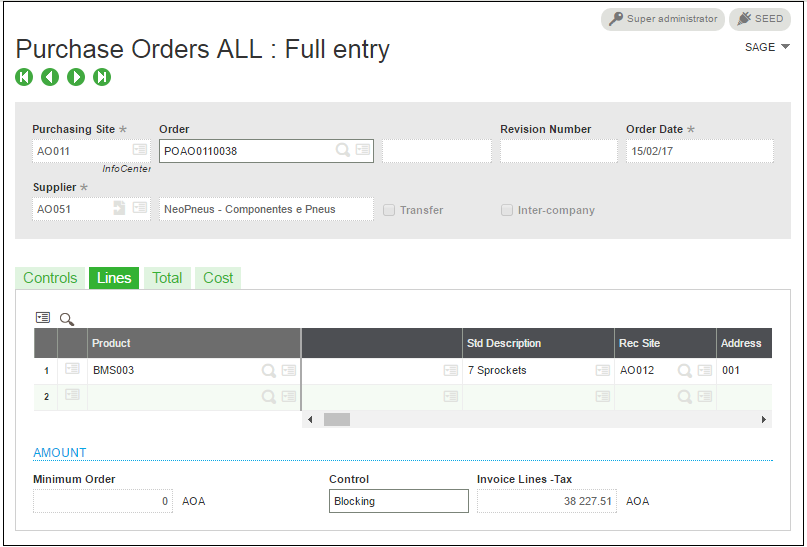 purchase order with purchasing site