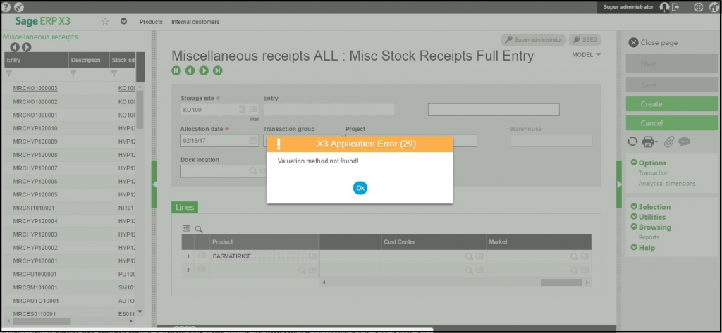 Valuation Method Not Found in Sage X3