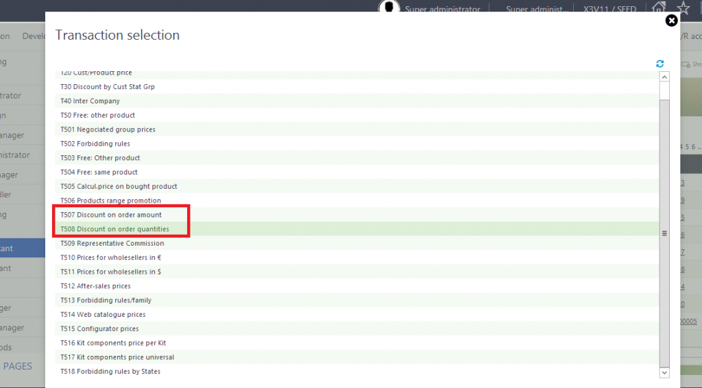 Pricelist entry transaction selection