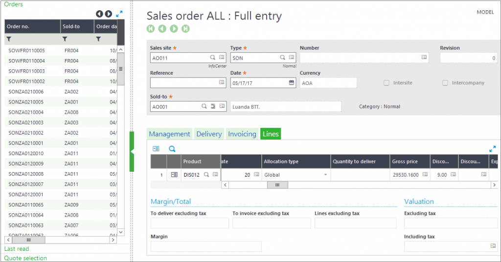 Sales order screen