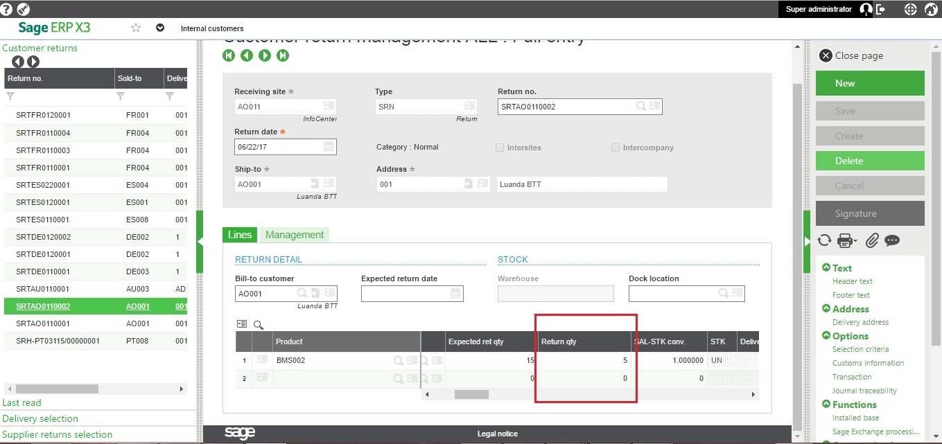 Customer Return Screen sage x3