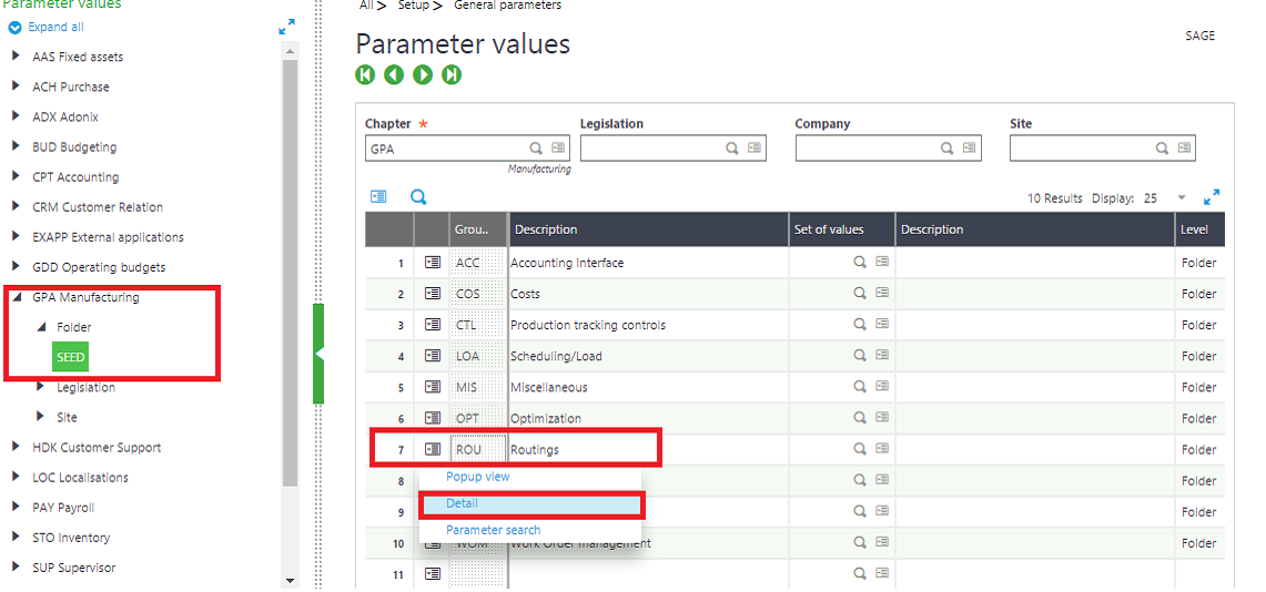 Parameter setup screen