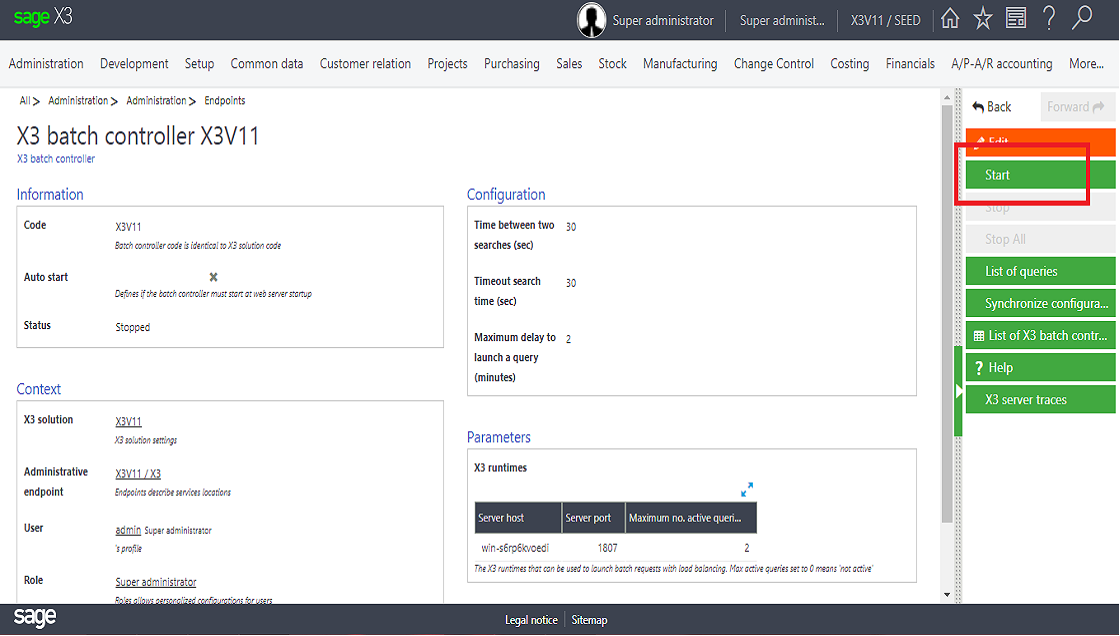 X3V11 Controller screen to start the batch process