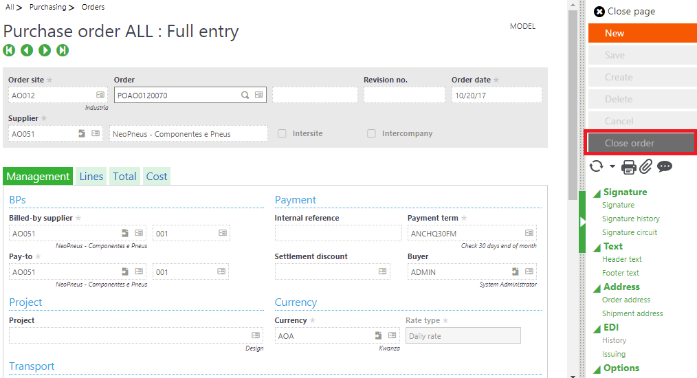 Purchase order screen