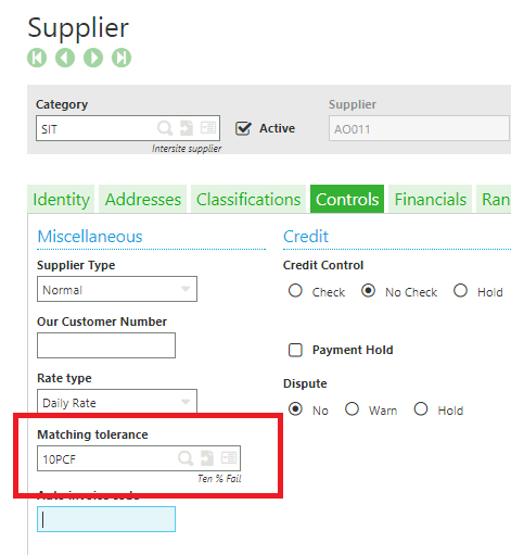 Tolerance code set up in supplier