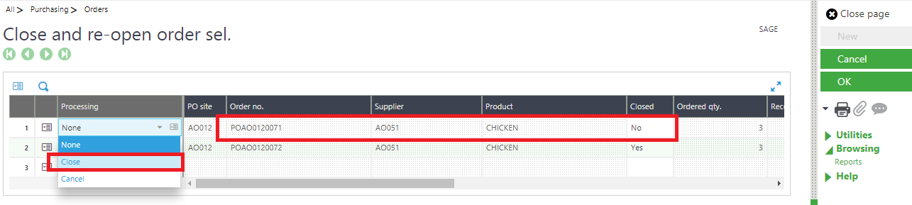 Close and Reopen orders selection screen