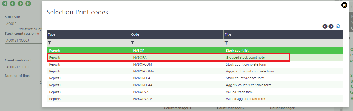 Stock count screen – Print list