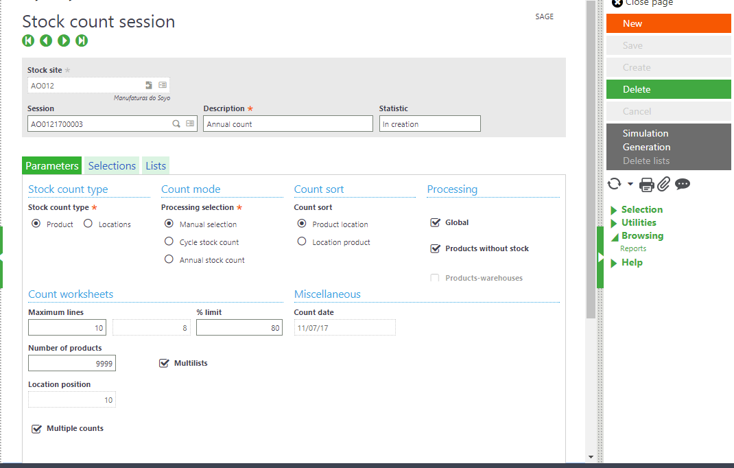 Stock count session screen