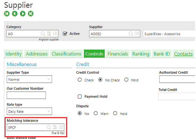 Tolerance code set up in supplier