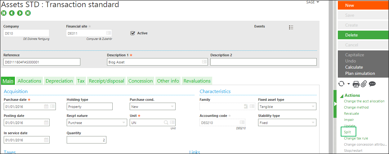 Asset splitting in Sage X3