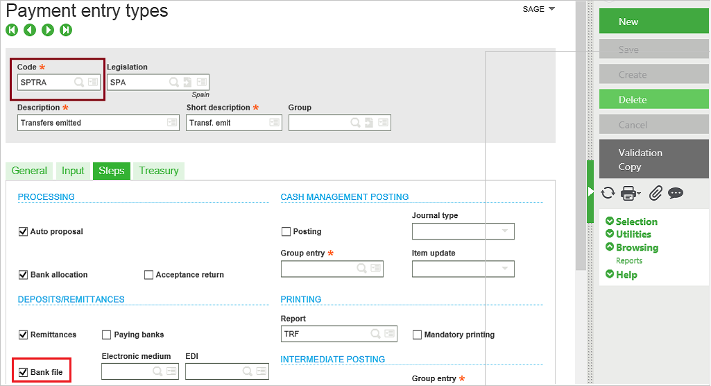 Payment entry types screen