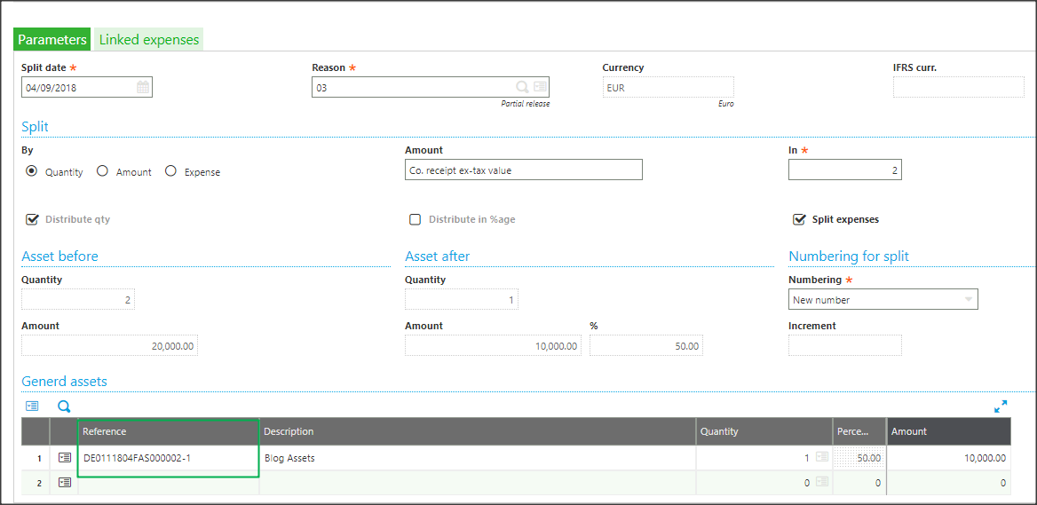 sage x3 assets splitting