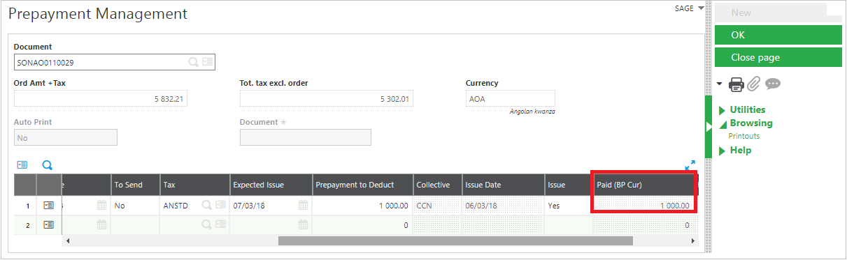 Prepayment management screen