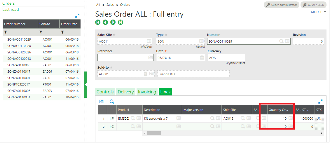 Sales order screen