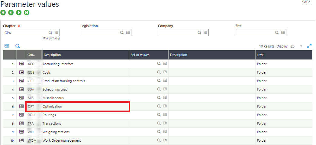 Parameter values screen