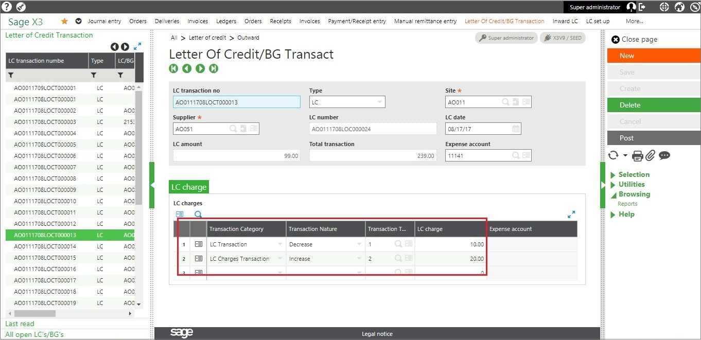 LC transaction screen