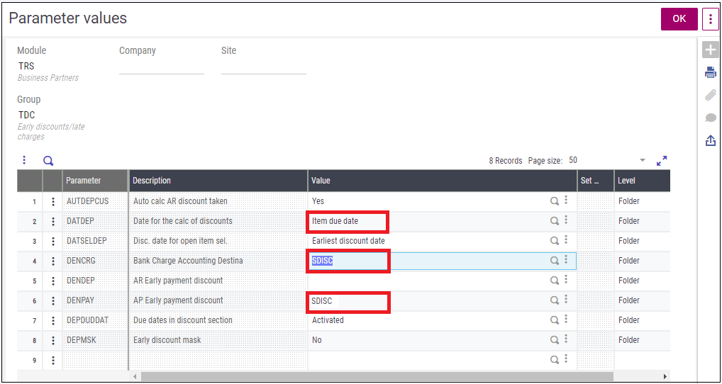 Parameters value