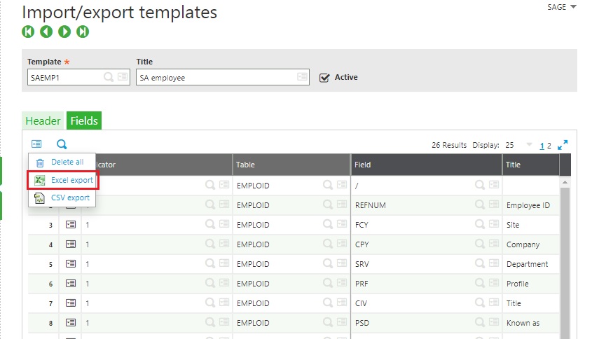 Import-export templates page Excel Export option