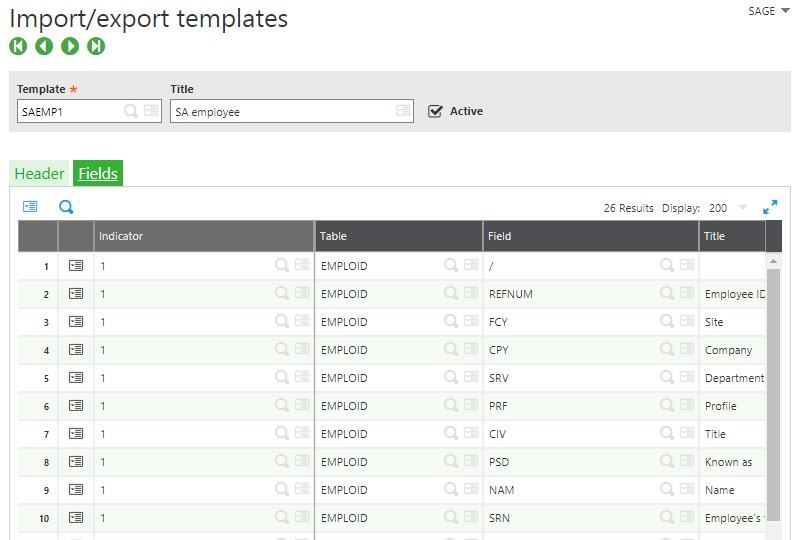 Import-export templates page Fields Tab