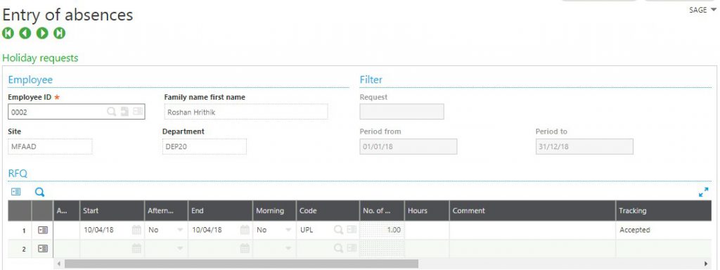 Entry of absences screen