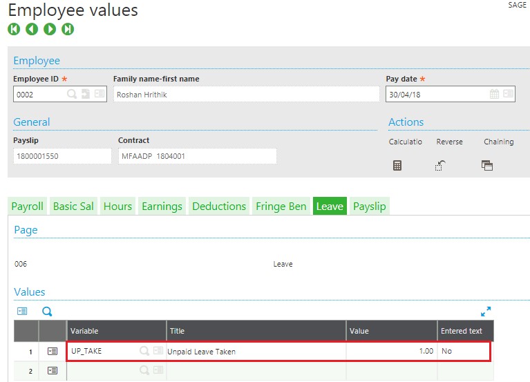 Payslip screen Leave tab