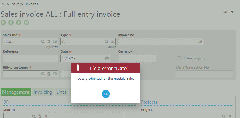 Date prohibited error for the sales module