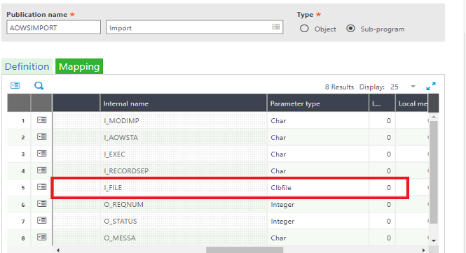 Mapping tab of AOWSIMPORT web service