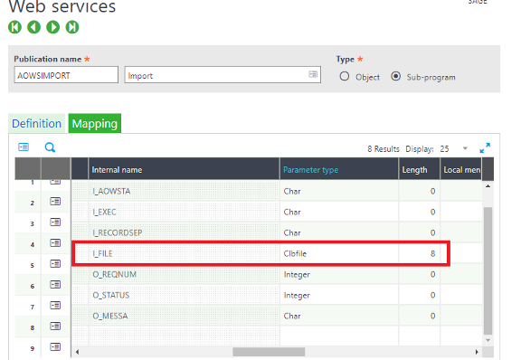 Mapping tab of AOWSIMPORT web service