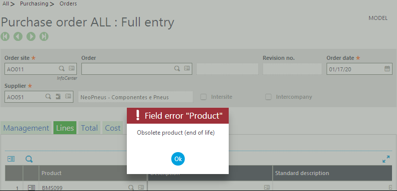 Purchase Order screen