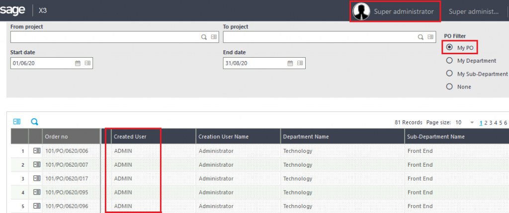 [Order Lines Inquiry screen – ADMIN User (My PO Option)]