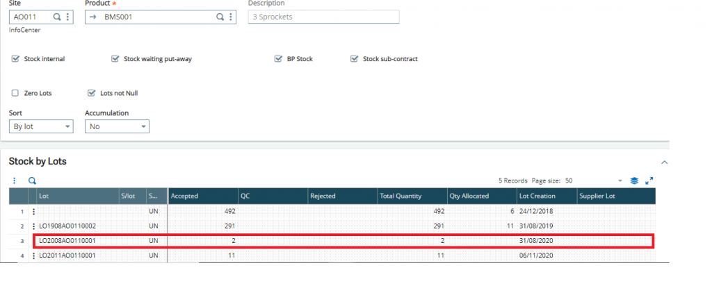 Stock by lot screen before changing lot number
