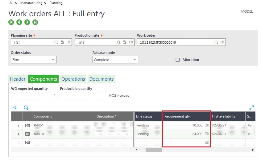 Requirement Qty before Allocation