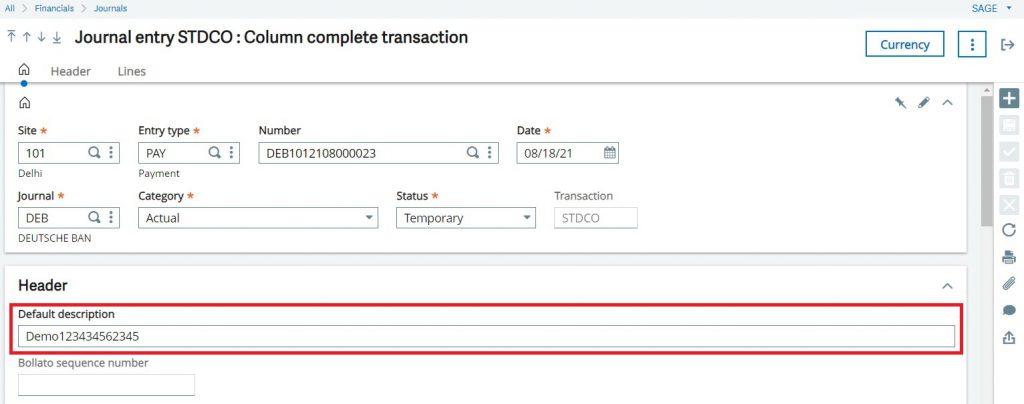 Data Flowed to Default description field on Journal Entry screen