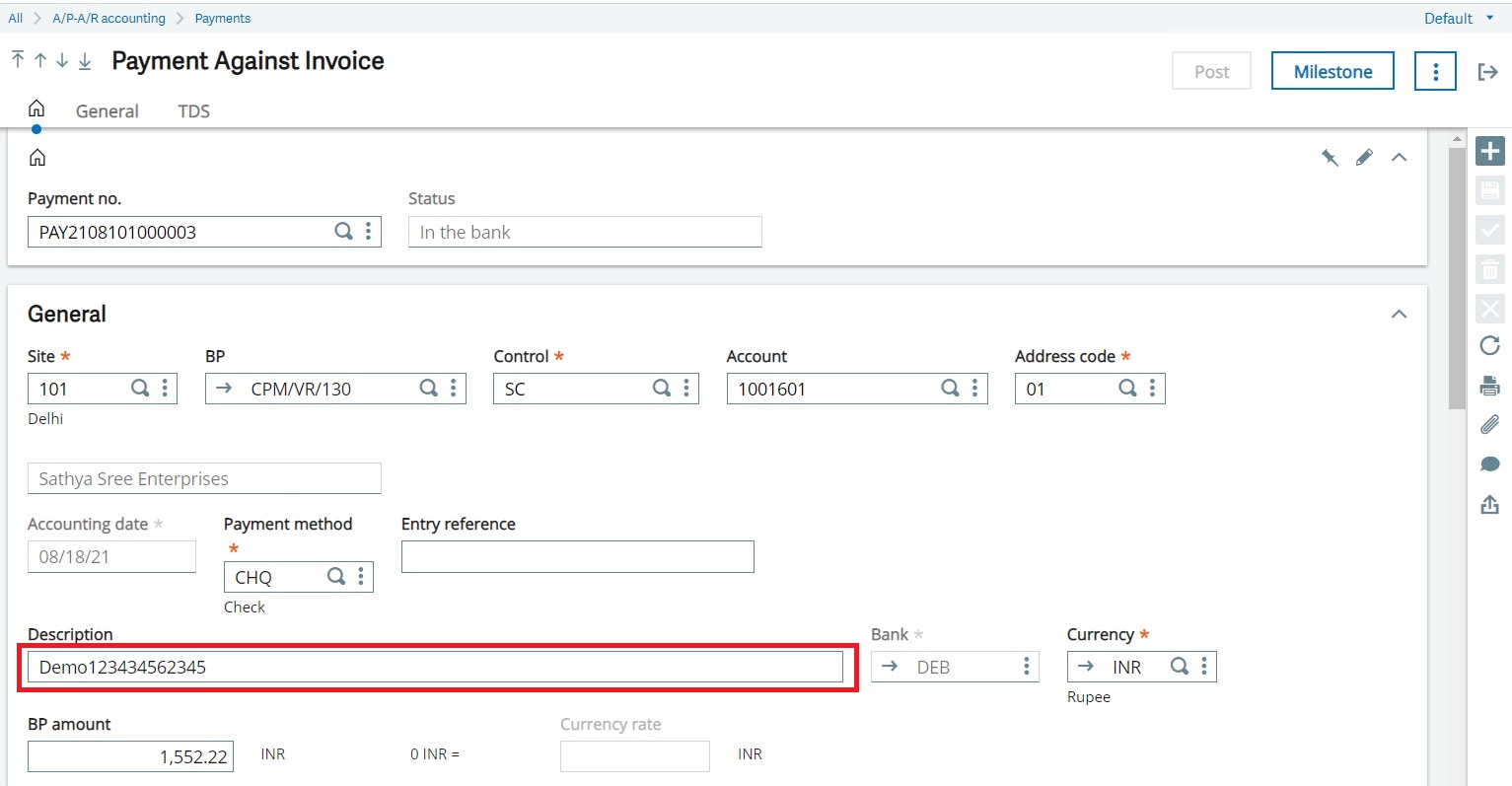 Data flow from Payment screen to Journal entry on Posting using ...