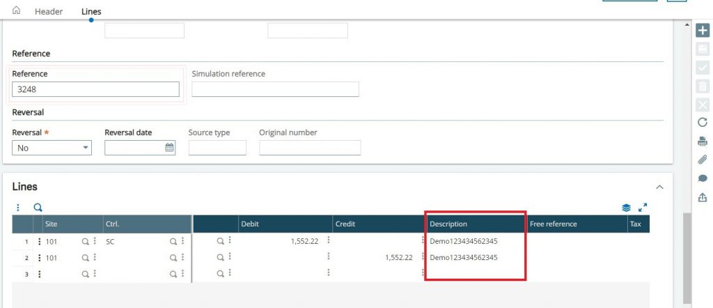 Line description fields on Journal Entry screen