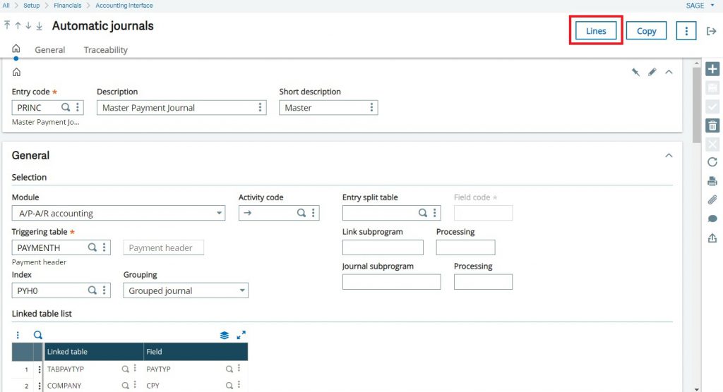 Lines button on Automatic Journals screen