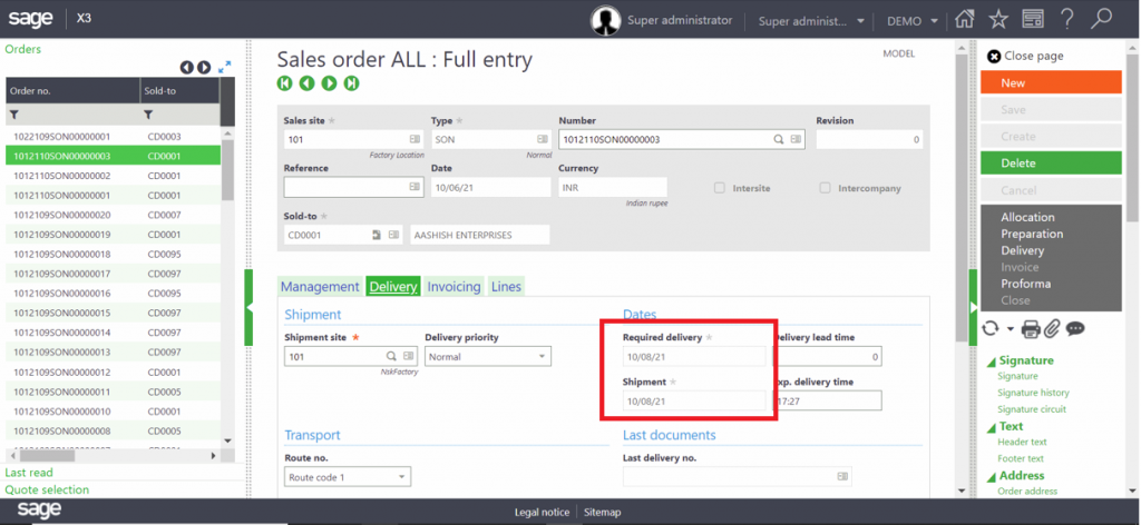 Date in sales order screen
