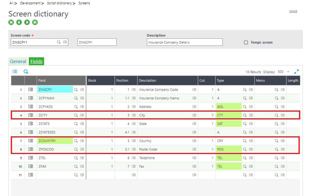 How to add city, state and country fields in a new screen Sage X3